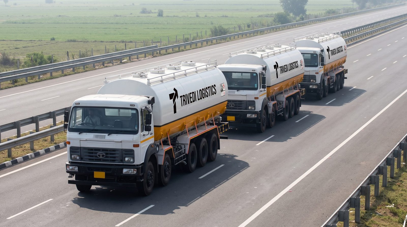 Three Trivedi Logistics tankers in convoy on the expressway