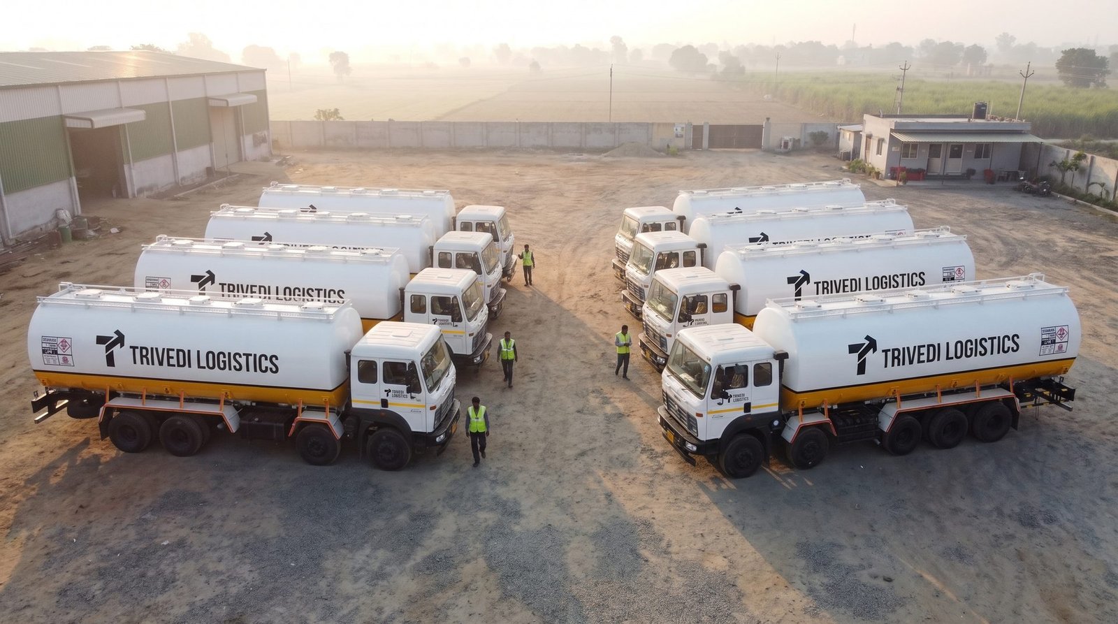 Trivedi Logistics fleet yard — tankers parked in rows at morning